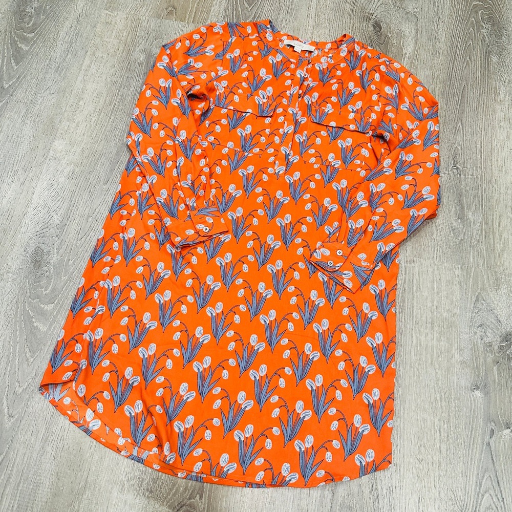Loft Dress Petites XS Orange Floral Tulip Shirt Dress Long Sleeve Tie Waist XSP - Picture 13 of 16